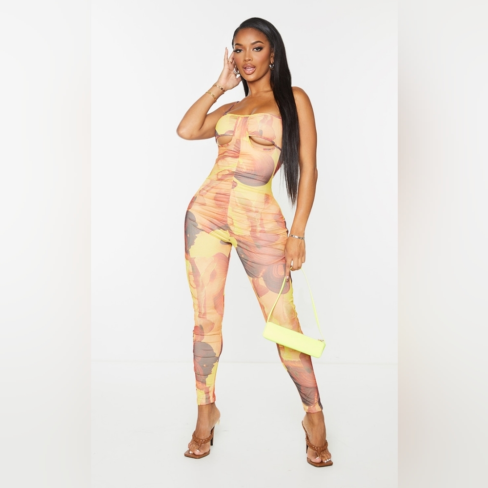 NWT Yellow Swirl Print Mesh Ruched Cut Out Jumpsuit Size 10